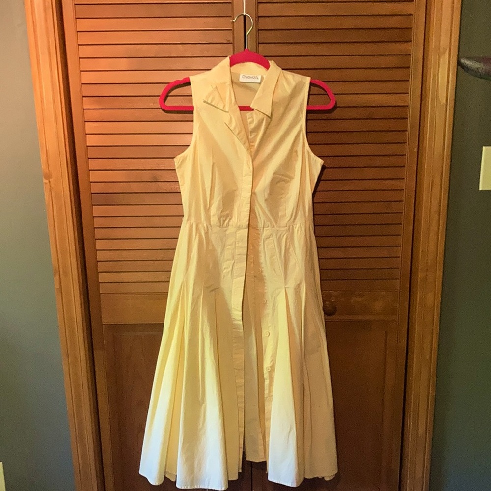 Pale yellow sleeveless A-line dress, sz 10. Cotton. Buttons down front.